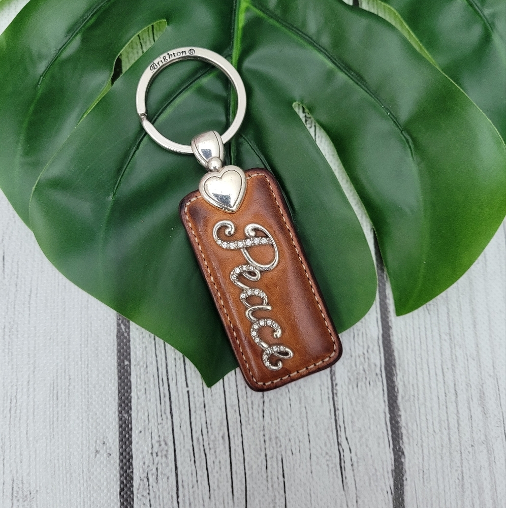 BRIGHTON Peace Leather Brown Leather Keychain with Silver Accents